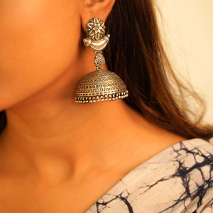 Dulari Intricate Flower Motif Grand Jhumka 925 Sterling Silver Earring, Handmade Earring, Gifts for her , Statement Piece