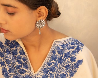 925 Sterling Silver Adya Embossed Flower Petal Drop Earring, Handcrafted Oxidized Indian Silver Earring, Minimal Jewellery, Jaipuri Silver