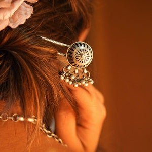 925 Sterling Silver Mizoya Embossed Ghughri drop Juda pin, Indian Handcrafted Hair Pin, Jaipuri Silver Hair Accessory, Hair accessories