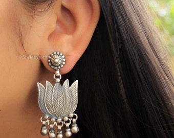 925 Sterling Silver Adya Lotus Earrings, Handcrafted Oxidized Indian Pure Silver Earring, Gift for bridesmaid, Long Statement Danglers