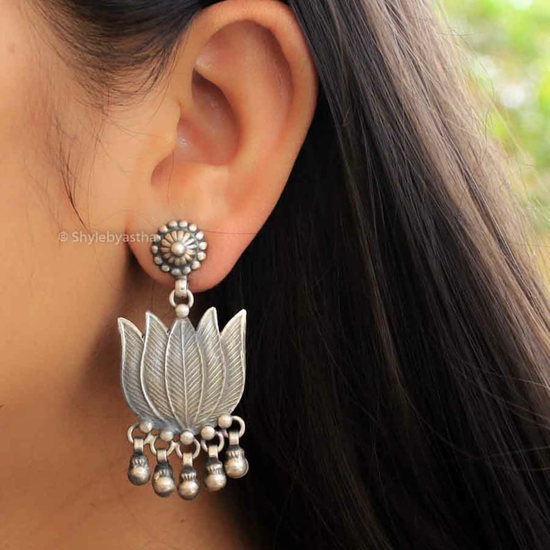925 Sterling Silver Adya Lotus Earrings, Handcrafted Oxidized Indian Pure Silver Earring, Gift for bridesmaid, Long Statement Danglers image 1