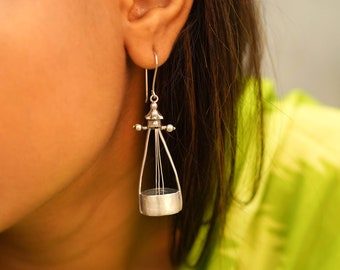 925 Sterling Silver Moh Ektaara Indian Instrument Inspired Statement Earring, Indian Oxidized Silver Fish hook Earrings, Jaipuri Jewellery