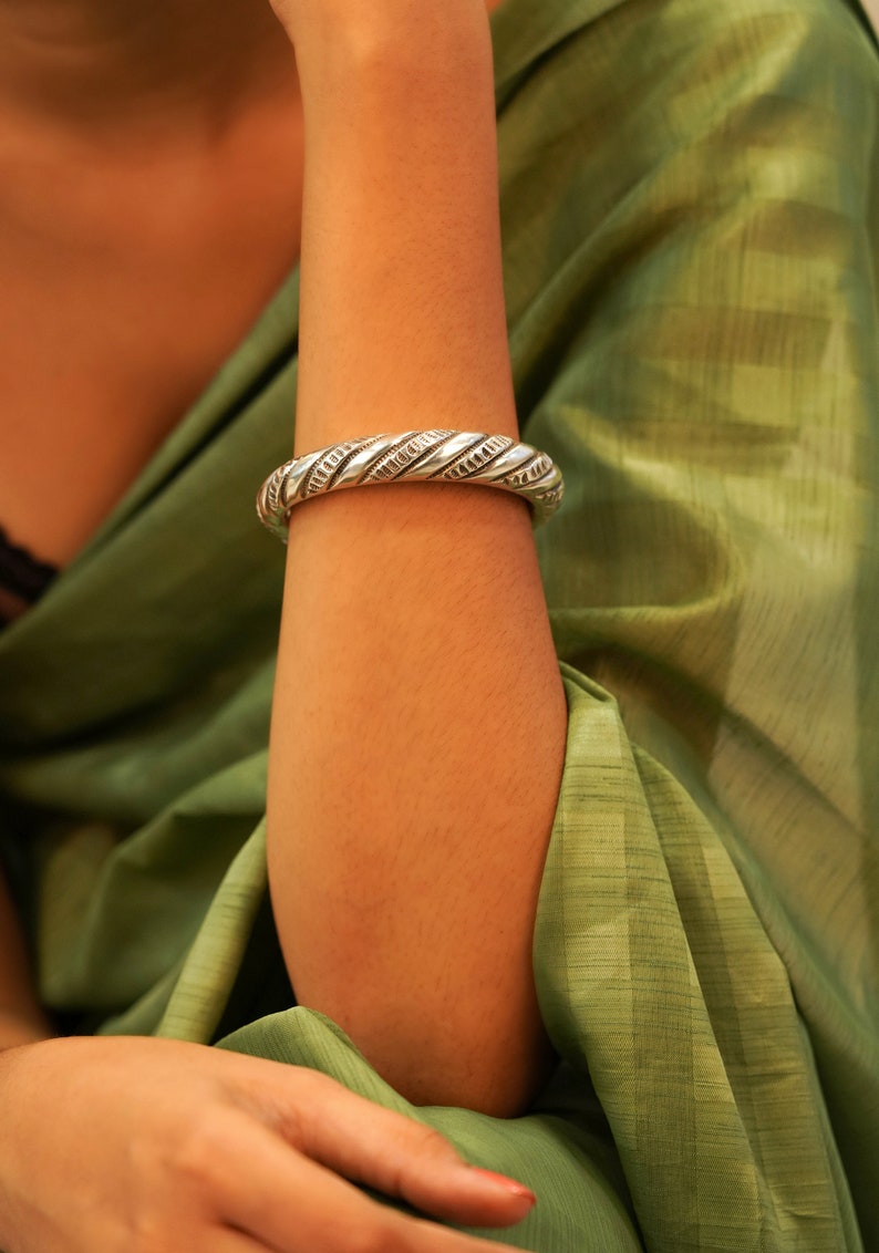 925 Sterling Silver Tattva Intricate Tribal Inspired Kada, Oxidzed Indian Silver Bangle Bracelet, Gift for her, Statement Jaipuri Jewellery image 3