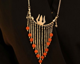 925 Sterling Silver Shiva Trishul Rudraksh Dangling Statement Necklace, Oxidized Indian Silver Bead Jewelry, Long Statement Necklace