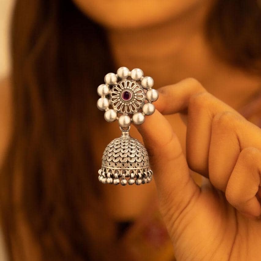 Mizoya Textured Embossed Motif Jhumka 925 Sterling Silver Earrings , Handcrafted Pure Silver Jhumka Earrings, Gift for her, Statement Piece