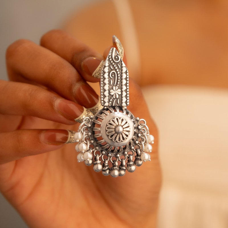 Ethnic Silver Oxidised Afghani Peacock Jhumka Earrings For Women