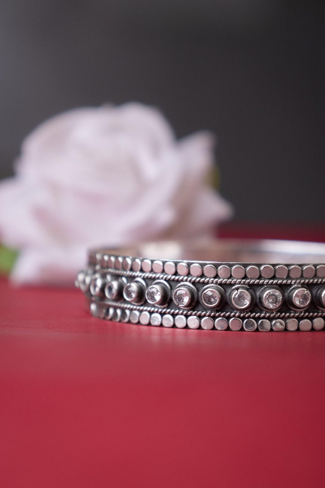Handcrafted Oxidized Sterling Silver Zircon Bangle, Jadau Kada