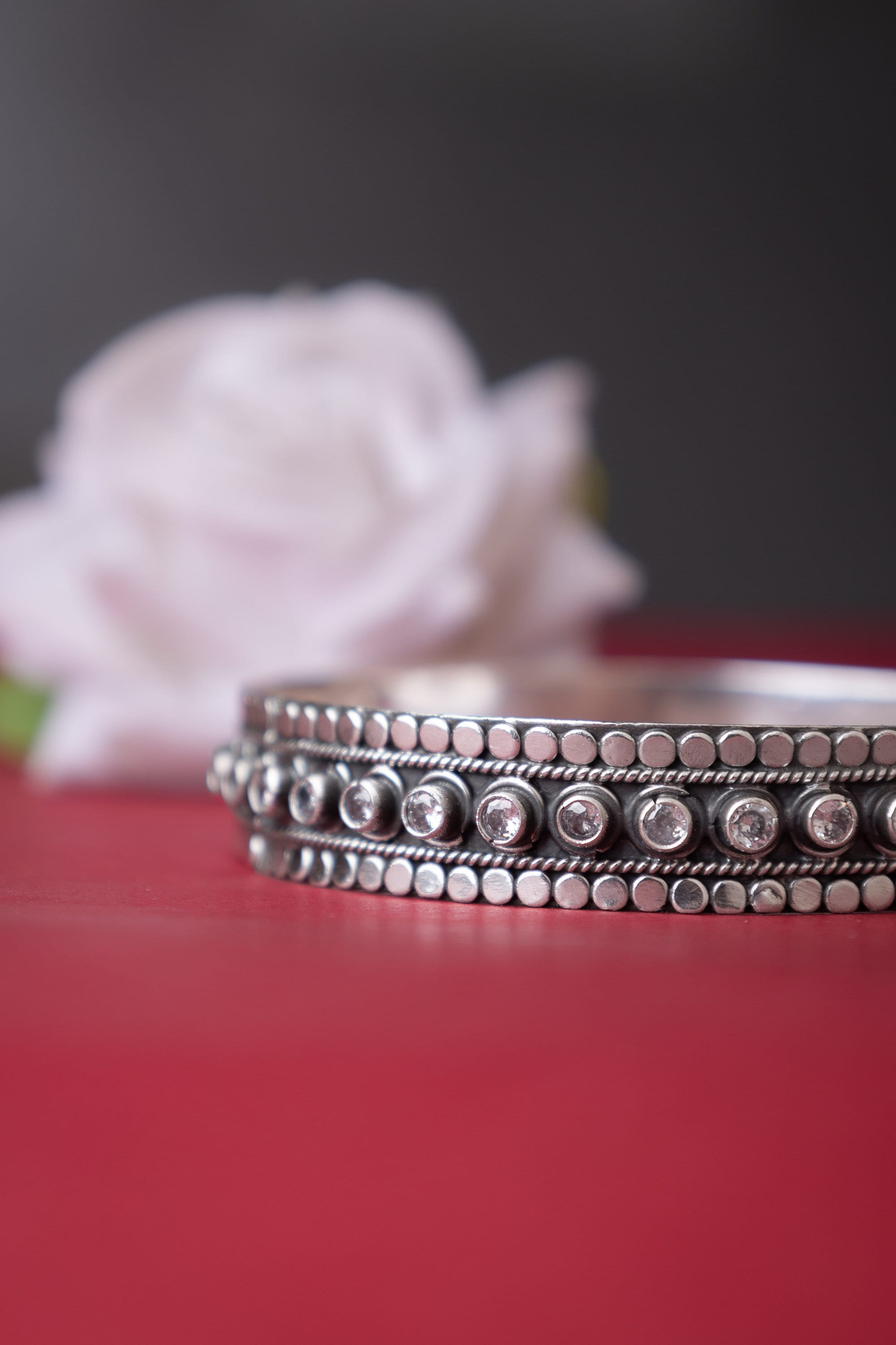 Handcrafted Oxidized Sterling Silver Zircon Bangle, Jadau Kada
