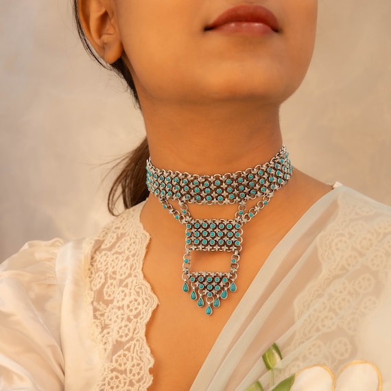 ターコイズジャダウスターリングシルバーチョーカー、インドレイヤード 