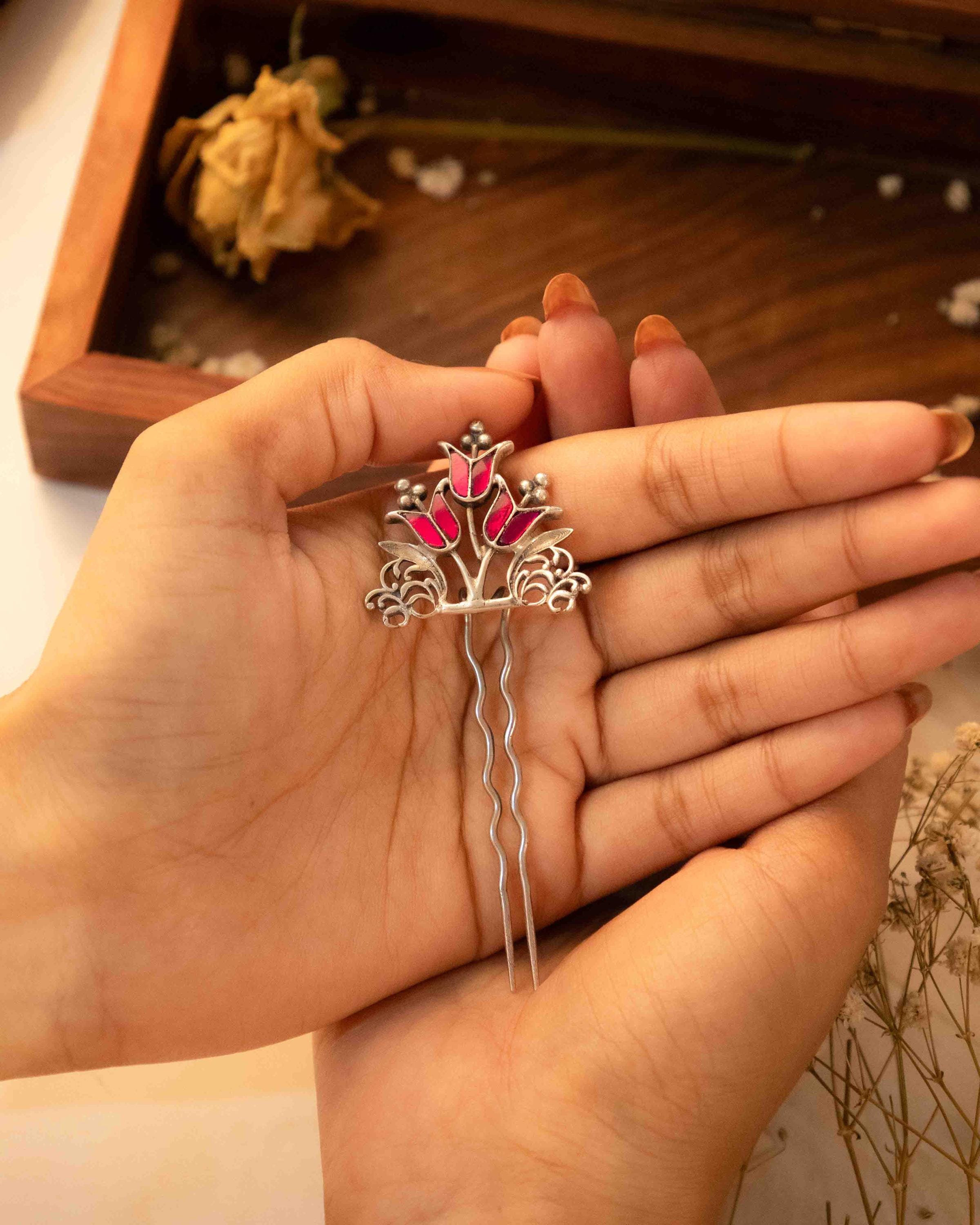 925 Sterling Silver Moh Tulip Phool Juda Pin, Handcrafted