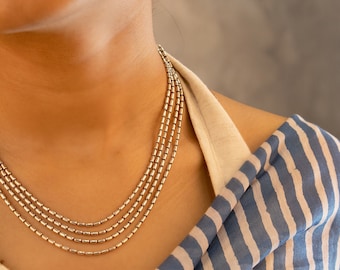 Oxidized Sterling Silver Layered Necklace, Long Indian Floral Pendant