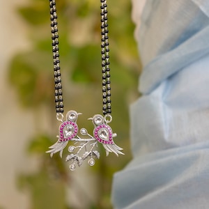 925 Sterling Silver Dulari Chidiya Statement Mangalsutra, Handcrafted Indian Silver Mangalsutra, Gift For Her, Long Black Beaded Necklace