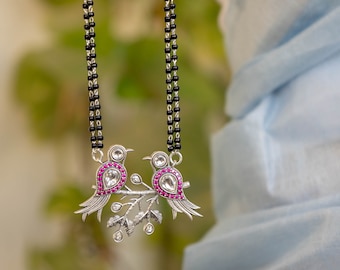 Sterling Silver Dulari Chidiya Mangalsutra, Long Black Beaded Necklace