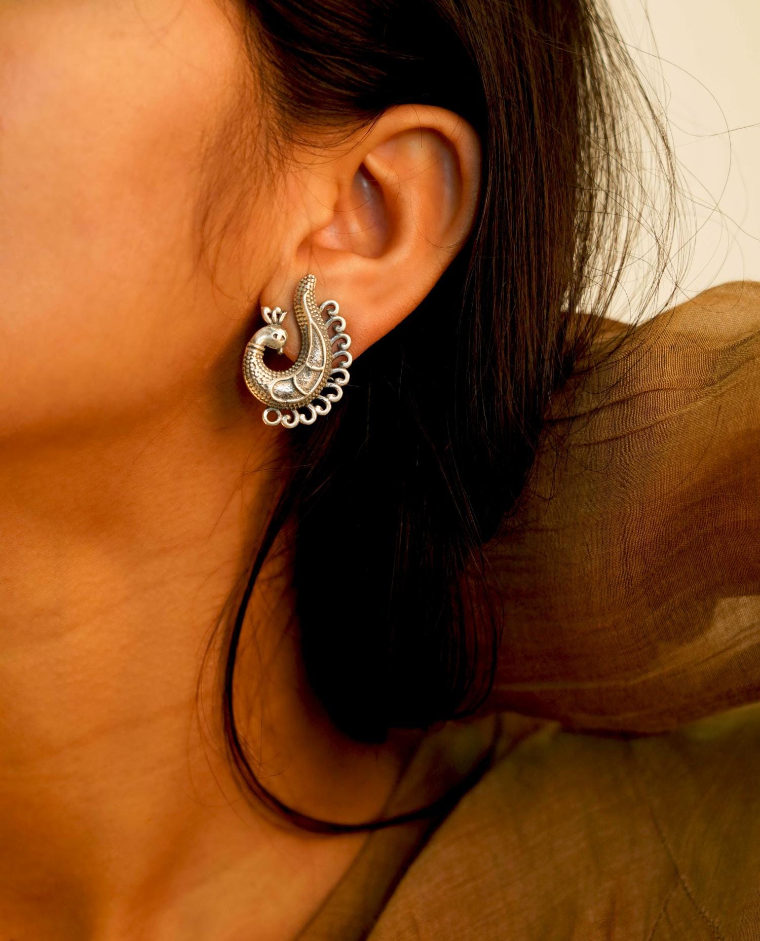 925 Sterling Silver Moh Intricate Peacock Studs, Handcrafted Indian Oxidized Pure Silver Stud Earring, Minimal Jewelry, Gift for her