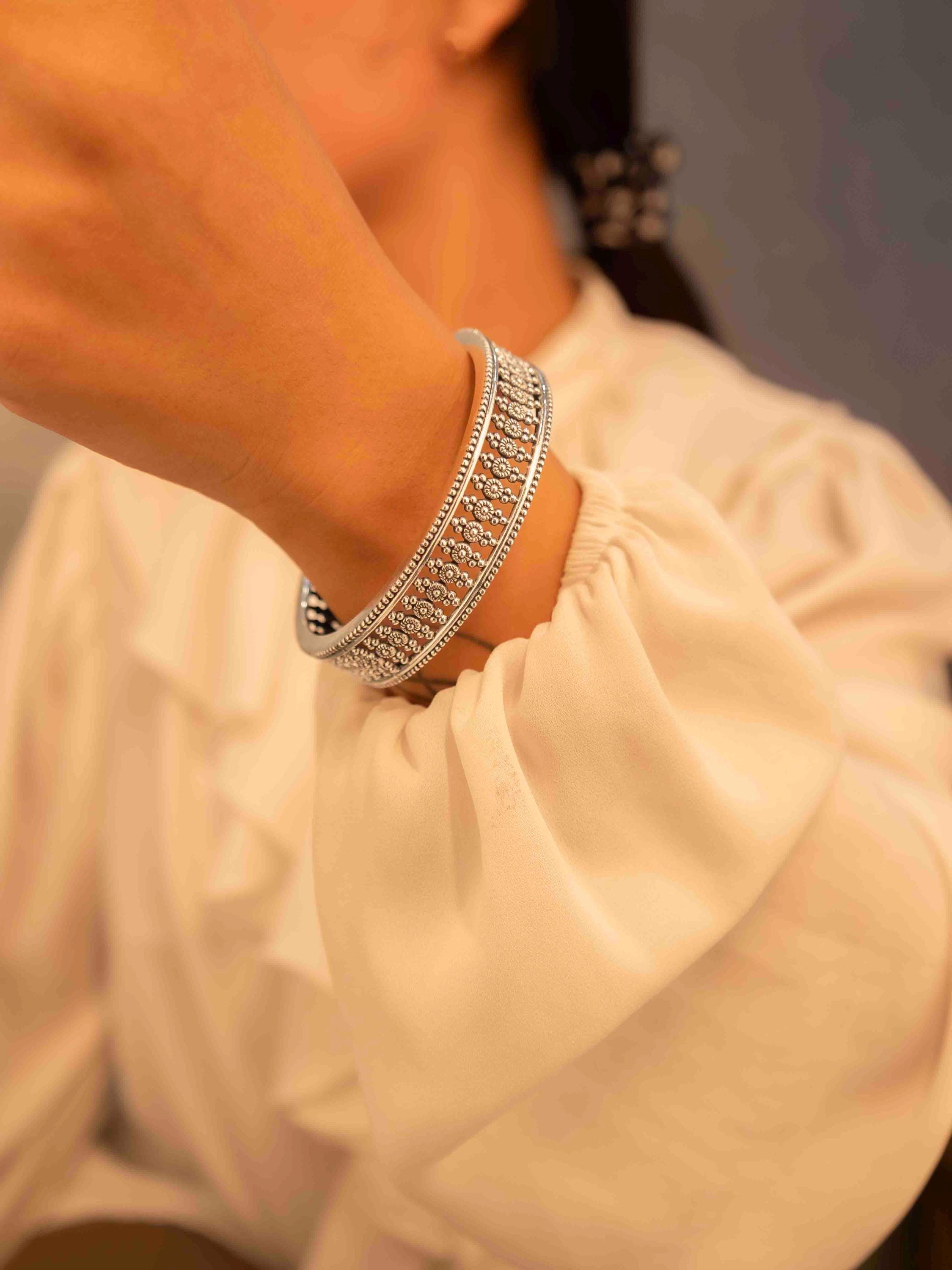 Sterling Silver Jali Bangle Bracelet, Oxidized Indian Chudi Kada