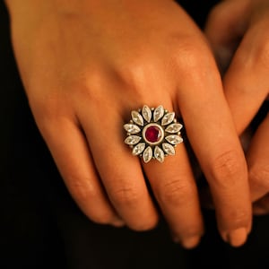 925 Sterling Silver Essence Fine Scintillating Flower Ring, Indian Style Zircon Ring, Oxidized Jewellery, Well Stamped with 925,Gift for her