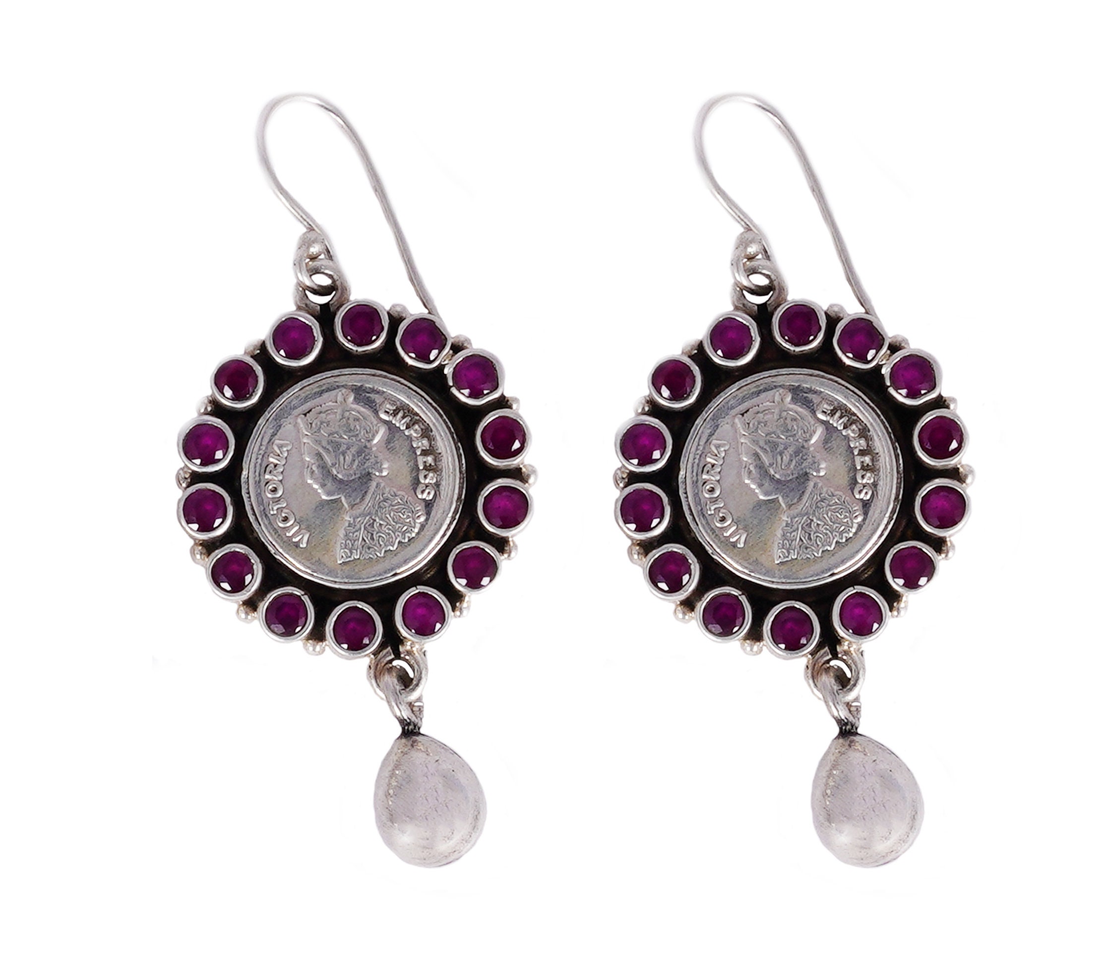 Mohビクトリアンコインドロップイヤリング、925スターリングシルバーハンドメイドイヤリング、彼女へのギフト、ミニマリストピース、本物のシルバーダングラー