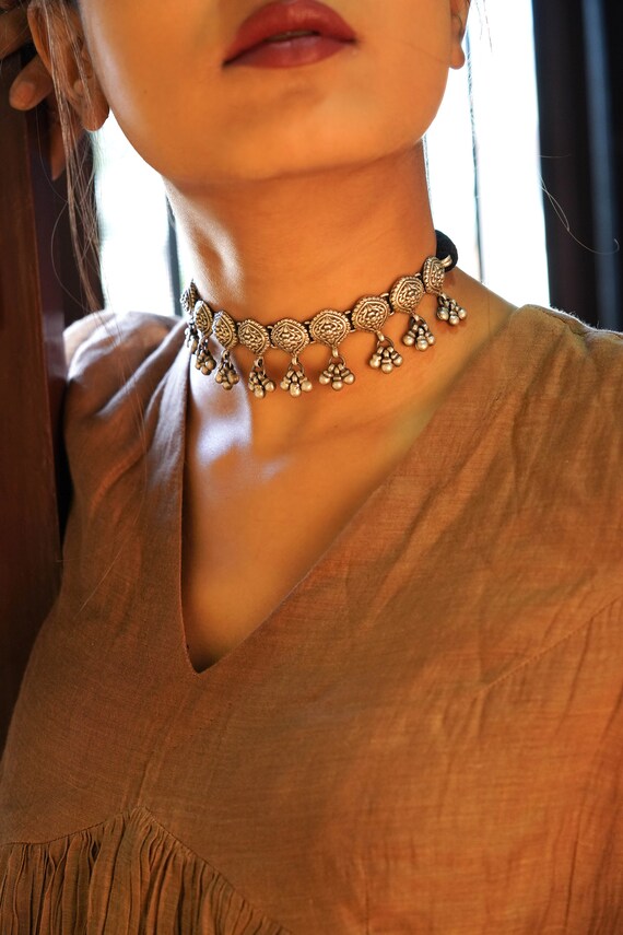 Adya Intricate Ghughri 925 Silver Choker Necklace, Handmade