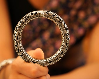 Oxidized Sterling Silver Kada Bangle, Intricate Chitai Design, Indian Jewelry