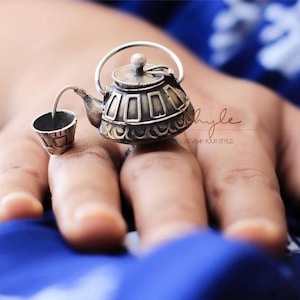 925 Sterling Silver Retro Ketli Chai Ring, Statement Adjustable Ring, Indian Silver Oxidized Teapot Ring, Gift For Her, Antique jewellery