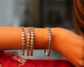 Oxidized Sterling Silver Flower Bangle, Ethnic Indian Bracelet