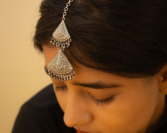 925 Sterling Silver Mizoya Intricate Two Layer Ghughri Maangtika, Handcrafted Indian Silver Hair Accessory, Silver Hair Chain,Head Jewellery