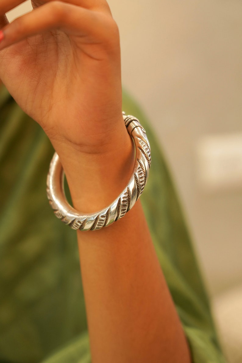 925 Sterling Silver Tattva Intricate Tribal Inspired Kada, Oxidzed Indian Silver Bangle Bracelet, Gift for her, Statement Jaipuri Jewellery image 4