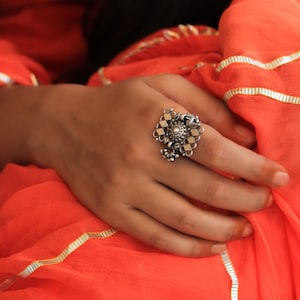 Moh Intricate Jali Ghughri Drop Ring, Adjustable Silver Ring Boho Jewelry, Pearl With Nest Handmade Oxidized Silver Ring, Gift For Her