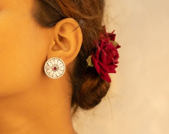 925 Sterling Silver Mizoya Flower Motif Rani Stud Earring, Handcrafted Oxidized Indian Silver Stud Earrings, Gift for her, Minimal Jewellery