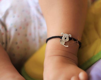 Pup Baby Protection Anklet, 925 Sterling Silver Anklet, Anklet with Pup Charm, Black Anklet, Handmade Jewellery, Silver Charm