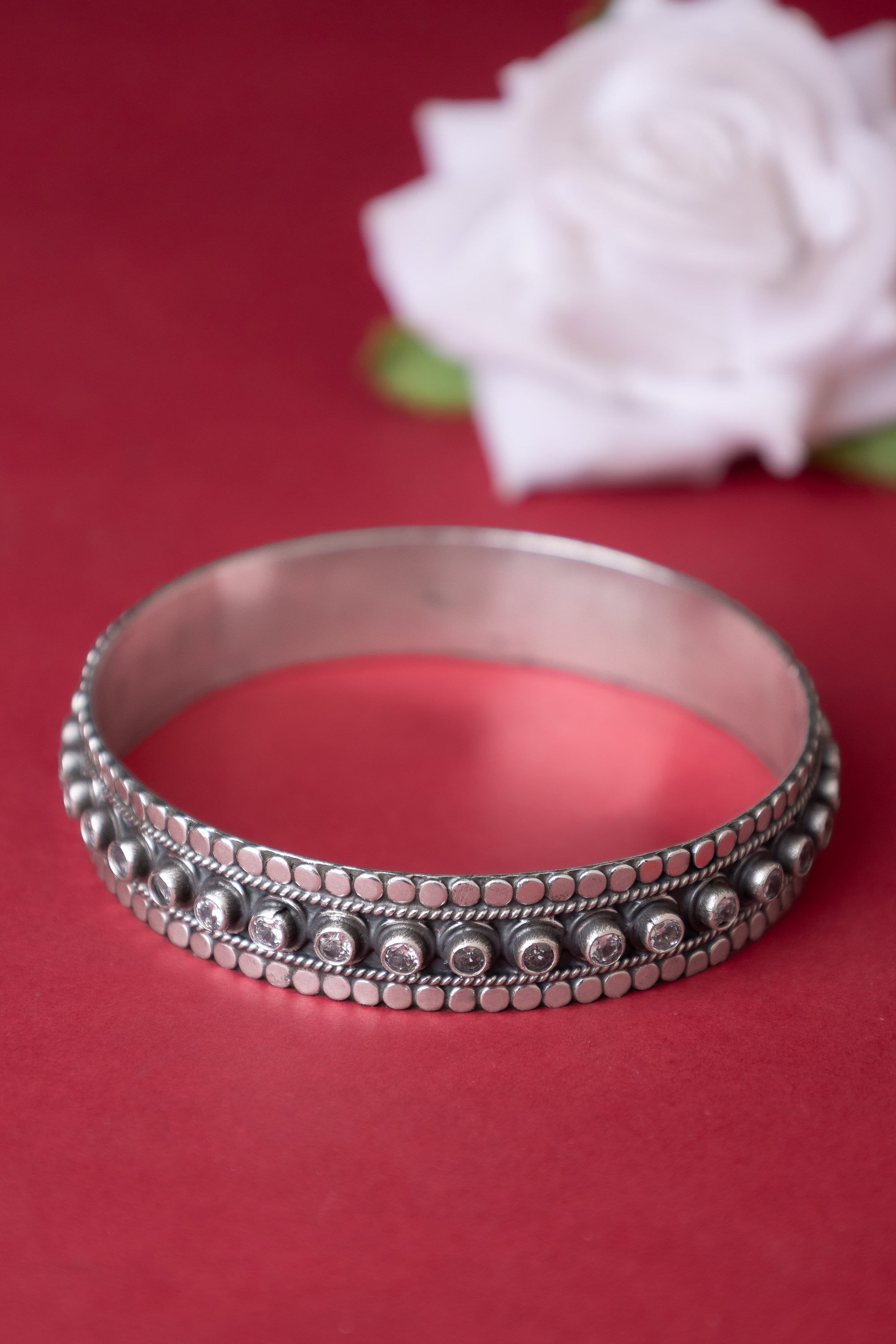 Handcrafted Oxidized Sterling Silver Zircon Bangle, Jadau Kada