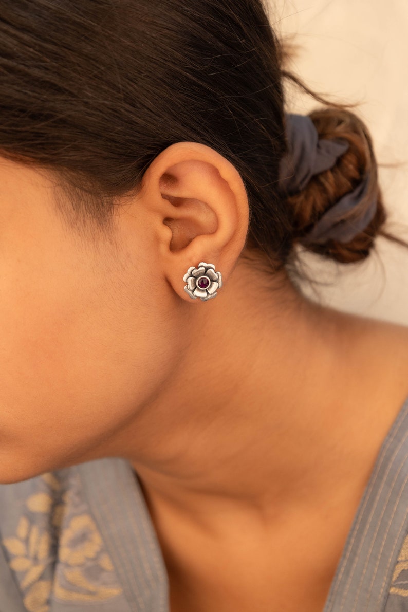 925 Sterling Silver Moh Intricate Rose Everyday Stud Earring, Handcrafted Oxidized Indian Silver Stud Earrings, Gift for her,Jaipuri Jewlery image 6