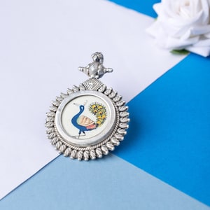 925 Sterling Silver Moh Handpainted Peacock Pendant, Oxidized Indian Silver Pendant,Well Stamped with 925, Valentine&#39;s Gift, Statement piece