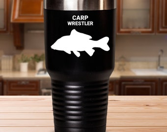 CARP WRESTLER, Carp Anglers Mug, Carp Fisherman’s Gift, Carp Fishing Mom Gift, Gift for Carp fisherman, Hot Or Cold Drinks, Black Tumblers
