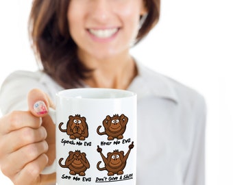 THREE WISE MONKEYS  Plus One Highly Opinionated Monkey!, White, Ceramic, Hot Tea, Hot Chocolate, Coffee Mugs