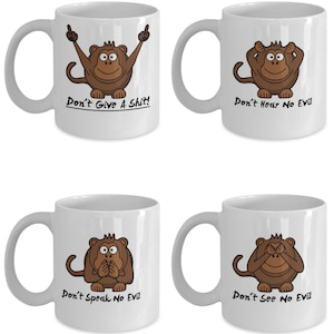 THREE WISE MONKEYS Plus One! 11oz.,Ceramic, Hot Chocolate, Hot Tea, Coffee Mug Set