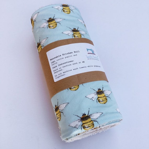 Reusable kitchen roll - unpaper towels - zero waste cloths made from 100% cotton. Bumble bee design - Sustainable and eco friendly gift