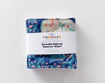 Reusable makeup remover wipes, facial round - sustainable, zero waste face pads made from organic bamboo and cotton. Blue Elephant print