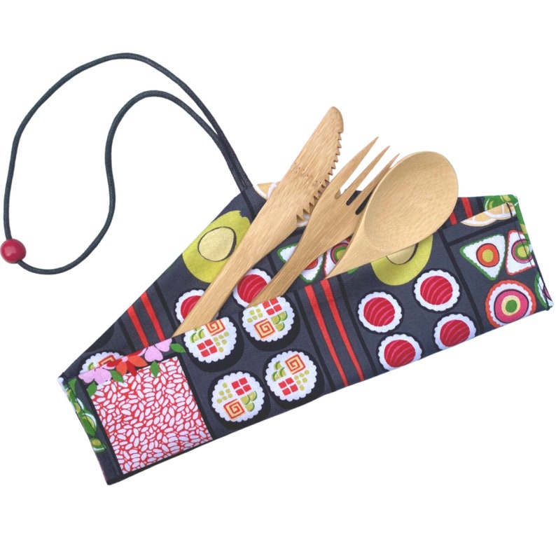 Cutlery Pouch with reusable bamboo utensils set lightweight eating on the go, Eco Friendly Travel, Waste Free, Zero Waste image 4