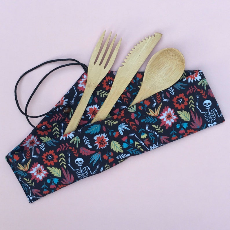 Cutlery Pouch with reusable bamboo utensils set lightweight eating on the go, Eco Friendly Travel, Waste Free, Zero Waste image 3