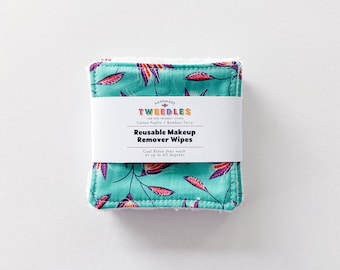 Reusable makeup remover wipes, facial round - sustainable, zero waste face pads made from organic bamboo and cotton. Turquoise Floral Print