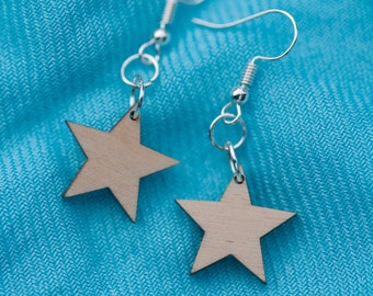 Wooden Star Earrings | Geometric Laser Cut Earrings | Dainty Dangle Earrings