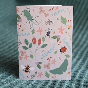 Insecta / Illustrazione colorata di insetti, fiori, foglie e semi / Carta stravagante