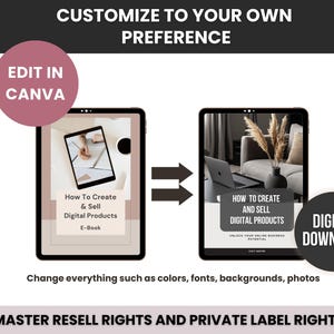 May include: Image promoting digital products. Two tablets display the text "How to Create & Sell Digital Products." One tablet shows a workspace, the other a laptop and vase. Text includes "Edit in Canva" and "Digital Download."