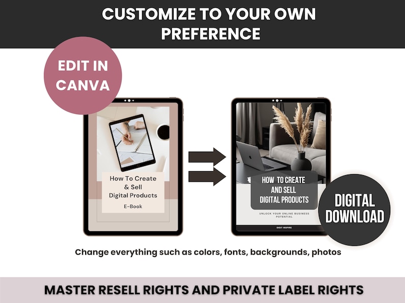 May include: Image promoting digital products. Two tablets display the text "How to Create & Sell Digital Products." One tablet shows a workspace, the other a laptop and vase. Text includes "Edit in Canva" and "Digital Download."