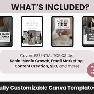 May include: Four digital guide covers titled The Ultimate Reels Guide, Social Media Content Guide, Faceless TikTok Playbook, and How to Create and Sell Digital Products. Text includes Covers ESSENTIAL TOPICS like Social Media Growth, Email Marketing, Content Creation, SEO, and more! MRR + PLR. Fully Customisable Canva Templates.