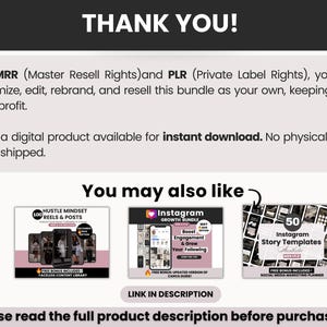 May include: A digital product information graphic with the text THANK YOU! followed by details on Master Resell Rights and Private Label Rights. It includes three thumbnail images for social media bundles and the text You may also like.
