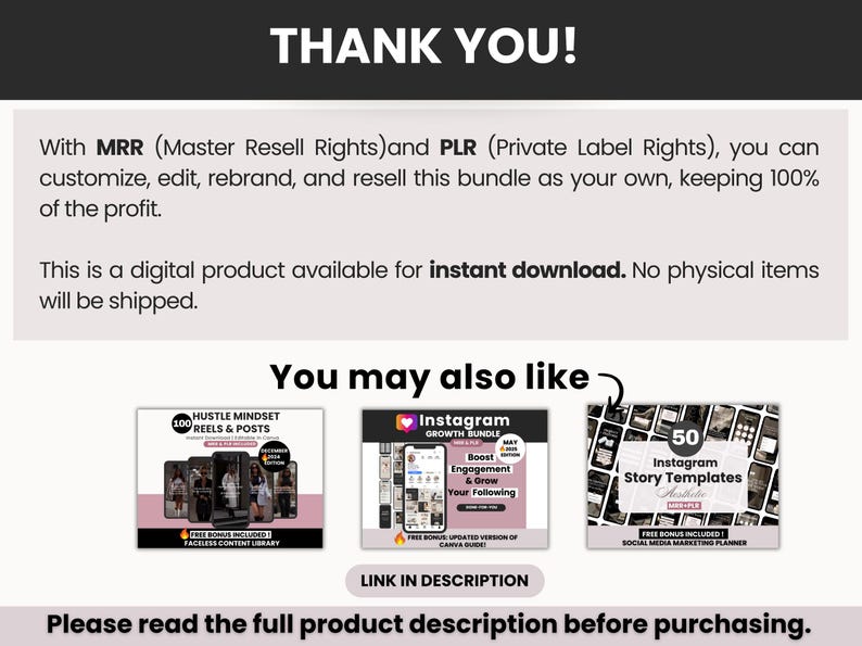 May include: A digital product information graphic with the text THANK YOU! followed by details on Master Resell Rights and Private Label Rights. It includes three thumbnail images for social media bundles and the text You may also like.