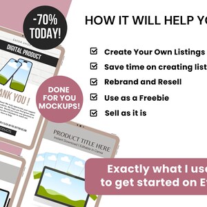 Puede incluir: Un gr&aacute;fico de marketing de producto digital con pantallas de tableta que muestran plantillas con texto que incluye HOW IT WILL HELP YOU, DONE FOR YOU MOCKUPS y Exactly what I used to get started on Etsy, junto a una lista de beneficios.