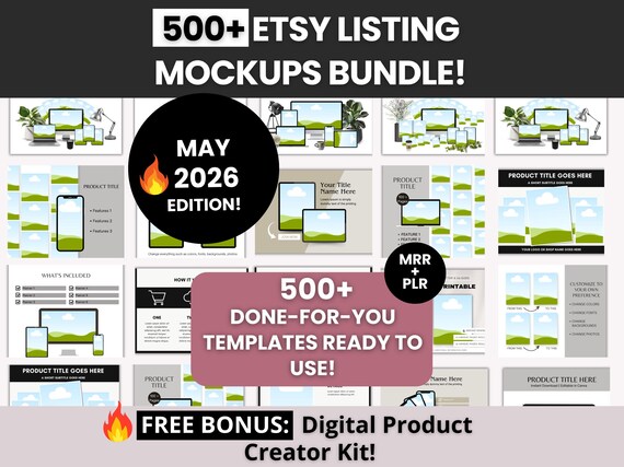 500+Etsy Listing Mockup Bundle with Master and Private Label Rights, Digital Product Mockups to rebrand&resell, DFY Etsy Canva Templates MRR
